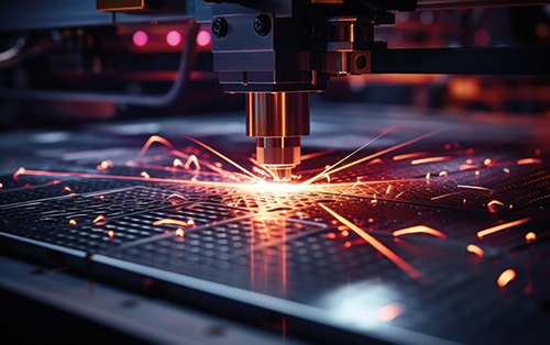 Close-up of a metal laser cutter machine showcasing the beam slicing through a metallic sheet at a sheet metal fabrication company