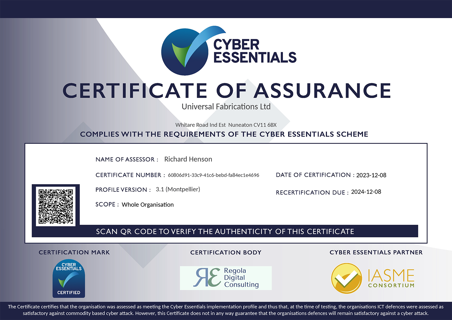 Cyber Essentials Certificate Universal Fabrications