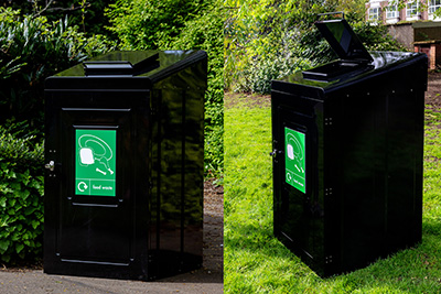 metal food waste enclosure bin two images showing open and closed lid