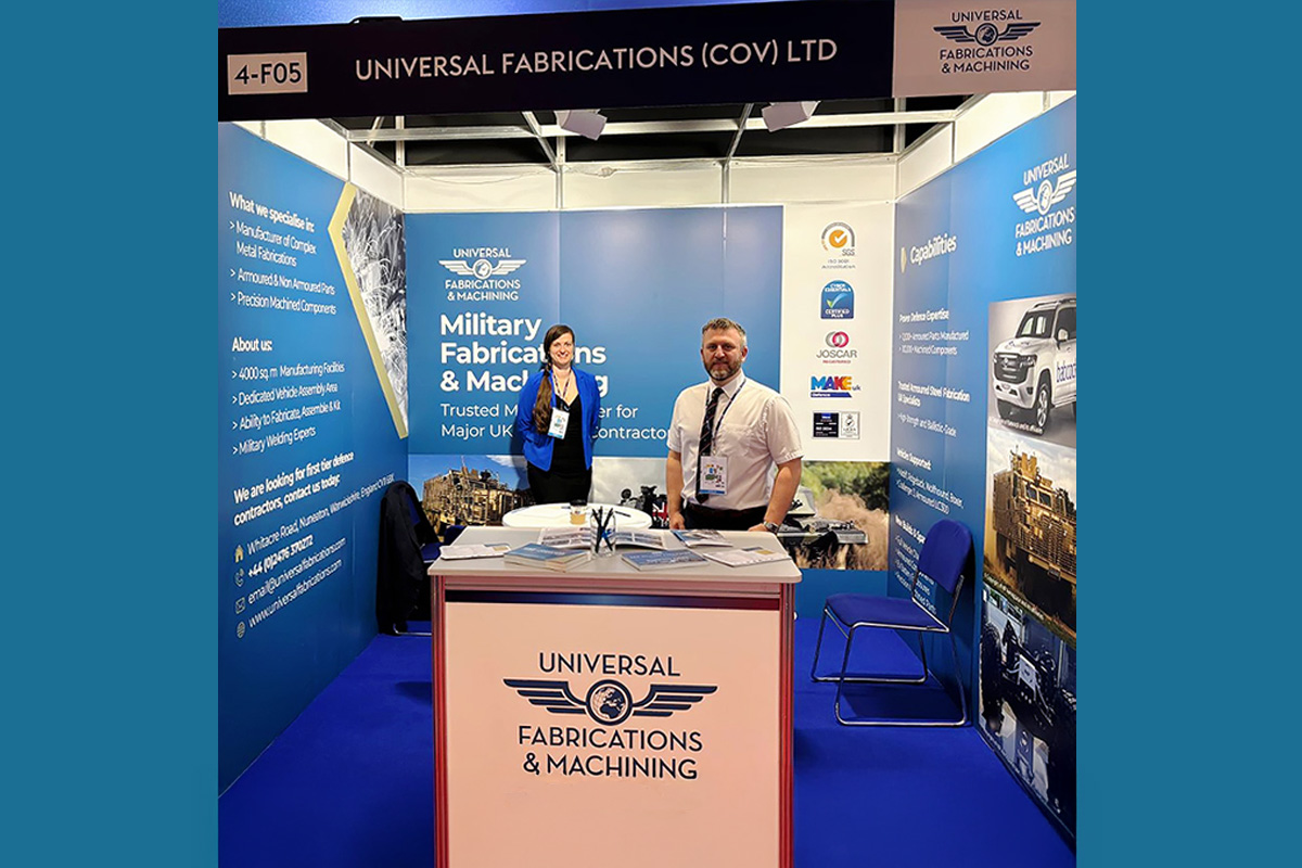 Universal Fabrications on exhibition stand at MSPO 2025 representing the UK's Defence industry with their fabrication and machining services