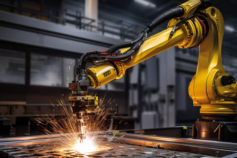 Robotic welding arm with sparks flying at metal fabricators serving Redditch with aluminium welded fabrications and parts