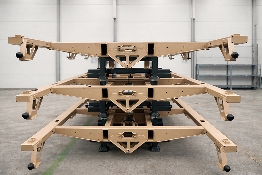 Fabricated chassis structures prepared for machining and assembly in defence manufacturing at Universal Fabrications