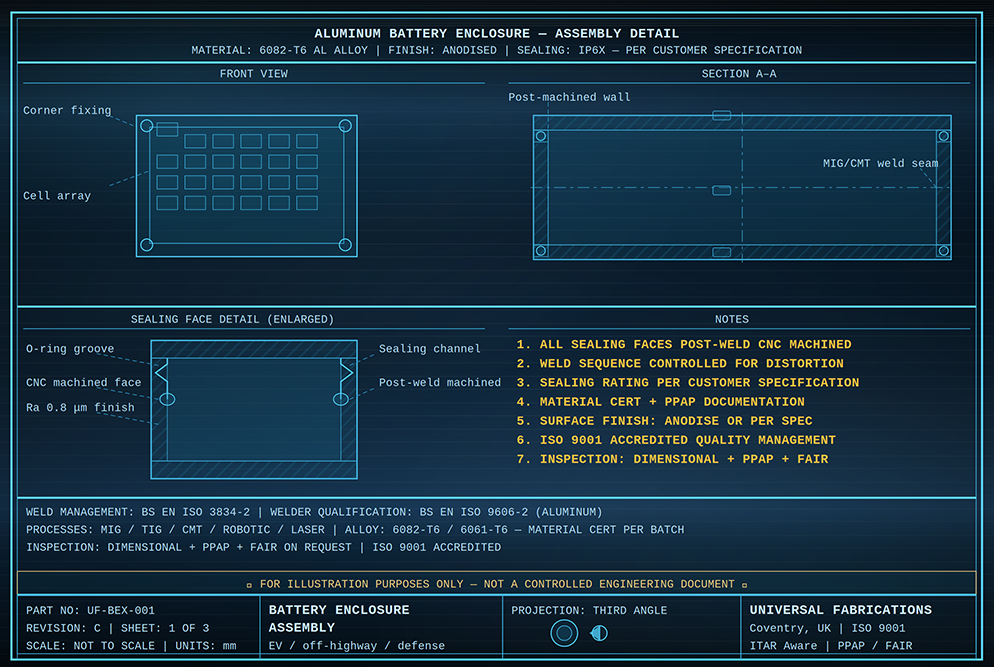 Aluminum battery enclosure assembly blueprint by Universal Fabrications